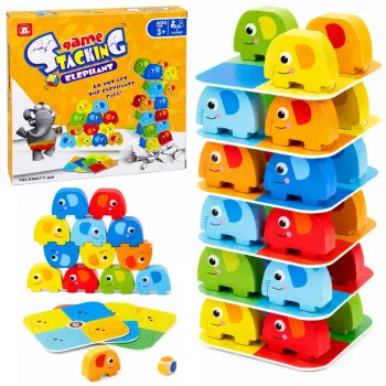 LEAN TOYS Dramblio bokšto įgūdžių žaidimas - Balansuojantys drambliai su spalvotomis kortelėmis, 46 vnt.