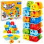 LEAN TOYS Dramblio bokšto įgūdžių žaidimas - Balansuojantys drambliai su spalvotomis kortelėmis, 46 vnt.