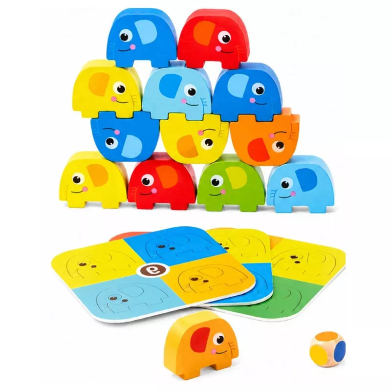 LEAN TOYS Dramblio bokšto įgūdžių žaidimas - Balansuojantys drambliai su spalvotomis kortelėmis, 46 vnt.