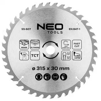 NEO TOOLS 315 mm TCT diskinis pjūklo diskas, 40 dantų, 30 mm anga, medienos pjovimui