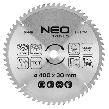 NEO TOOLS Diskinis pjūklo diskas, karbido antgaliais, 400 x 30 mm, 60 dantų
