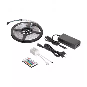 REBEL LED0175-2 5m RGB LED juostos apšvietimo rinkinys su IR nuotolinio valdymo pultu, 300 SMD 5050 šviesos diodų, 12V maitinimo adapteriu, 16 milijonų spalvų, reguliuojamas ryškumas, IP20