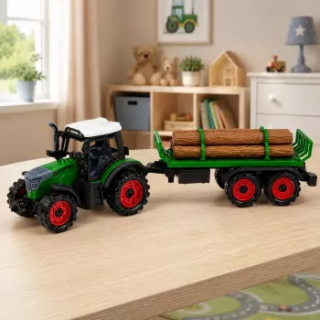 LEAN TOYS Žemės ūkio traktorius su rąstų priekaba, inercine pavara, balu, 35 cm