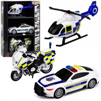 LEAN TOYS policijos rinkinys: sraigtasparnis, motociklas, policijos automobilis su šviesomis ir garsais 1:32