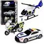 LEAN TOYS policijos rinkinys: sraigtasparnis, motociklas, policijos automobilis su šviesomis ir garsais 1:32