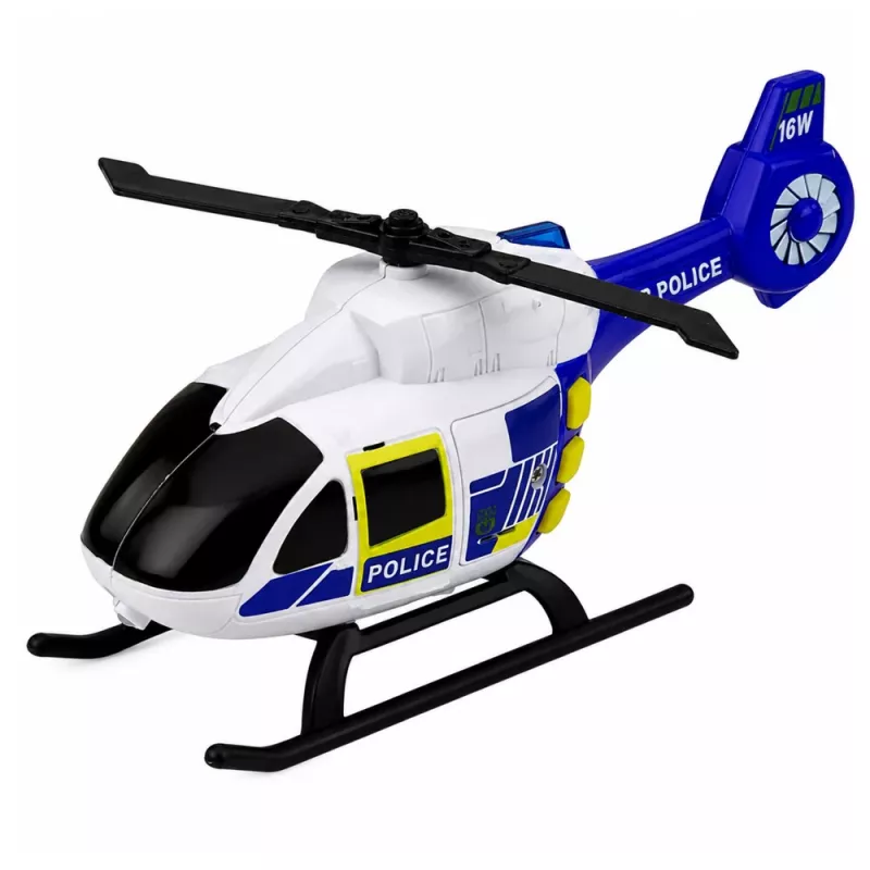 LEAN TOYS policijos rinkinys: sraigtasparnis, motociklas, policijos automobilis su šviesomis ir garsais 1:32