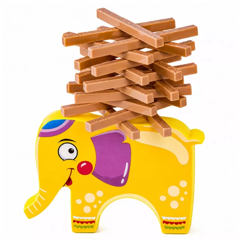 LEAN TOYS įgūdžių žaidimas Balansuojantis dramblys, statyk bokštą iš kaladėlių, dramblys, 61 vnt.