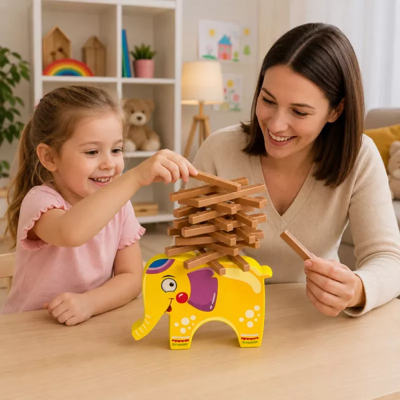 LEAN TOYS įgūdžių žaidimas Balansuojantis dramblys, statyk bokštą iš kaladėlių, dramblys, 61 vnt.