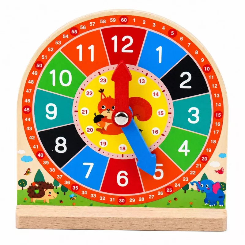 LEAN TOYS medinis mokomasis laikrodis mokytis valandų, judamos rodyklės, kortelės, 55 vnt.