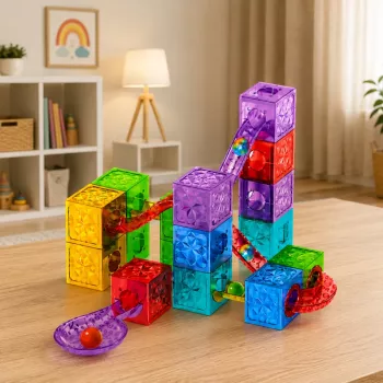 LEAN TOYS Magnetiniai konstrukciniai blokeliai kubeliai kamuoliuko trasa spalvoti 33 vnt.
