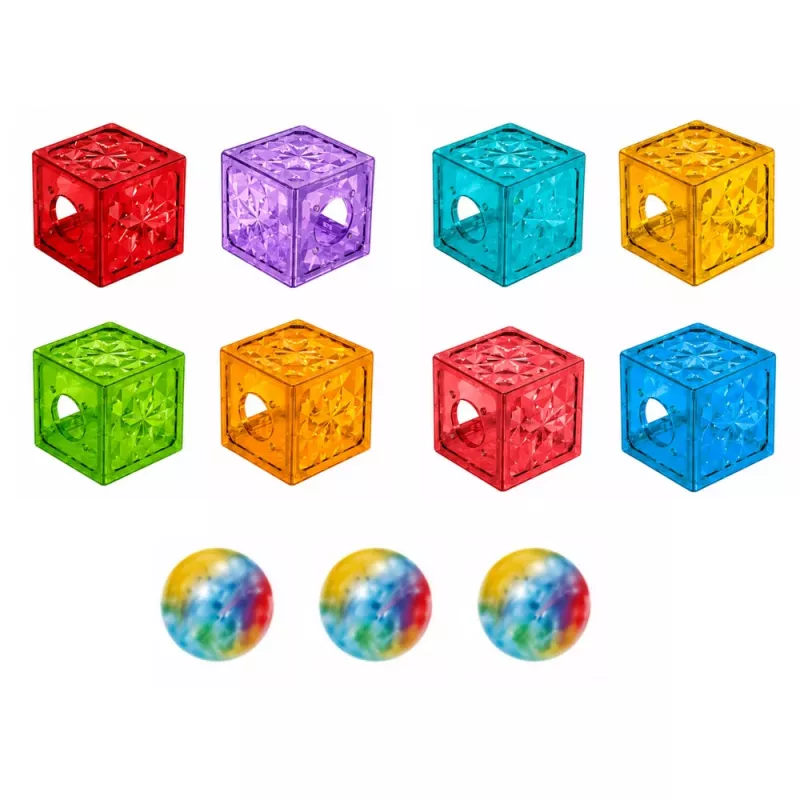 LEAN TOYS Magnetiniai konstrukciniai blokeliai kubeliai kamuoliuko trasa spalvoti 33 vnt.