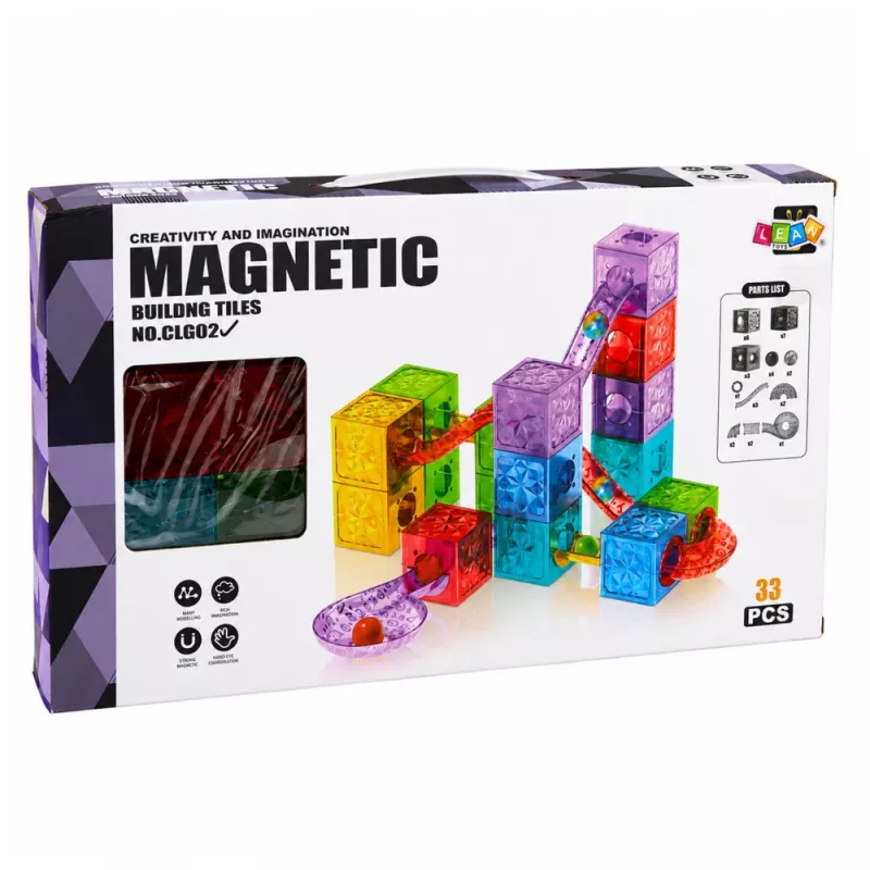LEAN TOYS Magnetiniai konstrukciniai blokeliai kubeliai kamuoliuko trasa spalvoti 33 vnt.