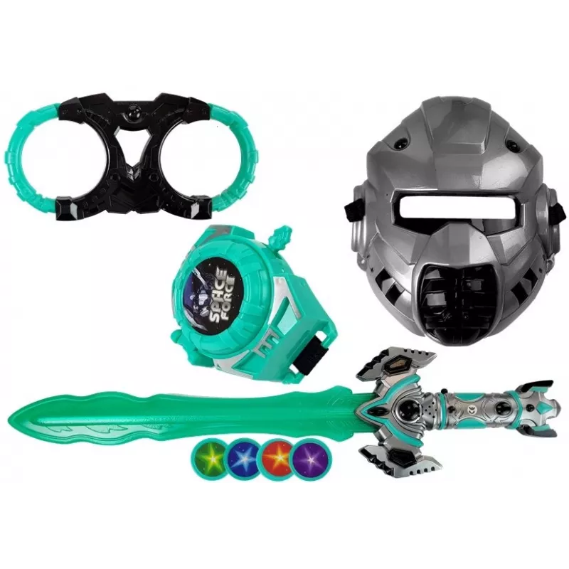 LEAN TOYS Space Knight vaidmenų žaidimo rinkinys su šviesos kardu, kauke ir antrankiais
