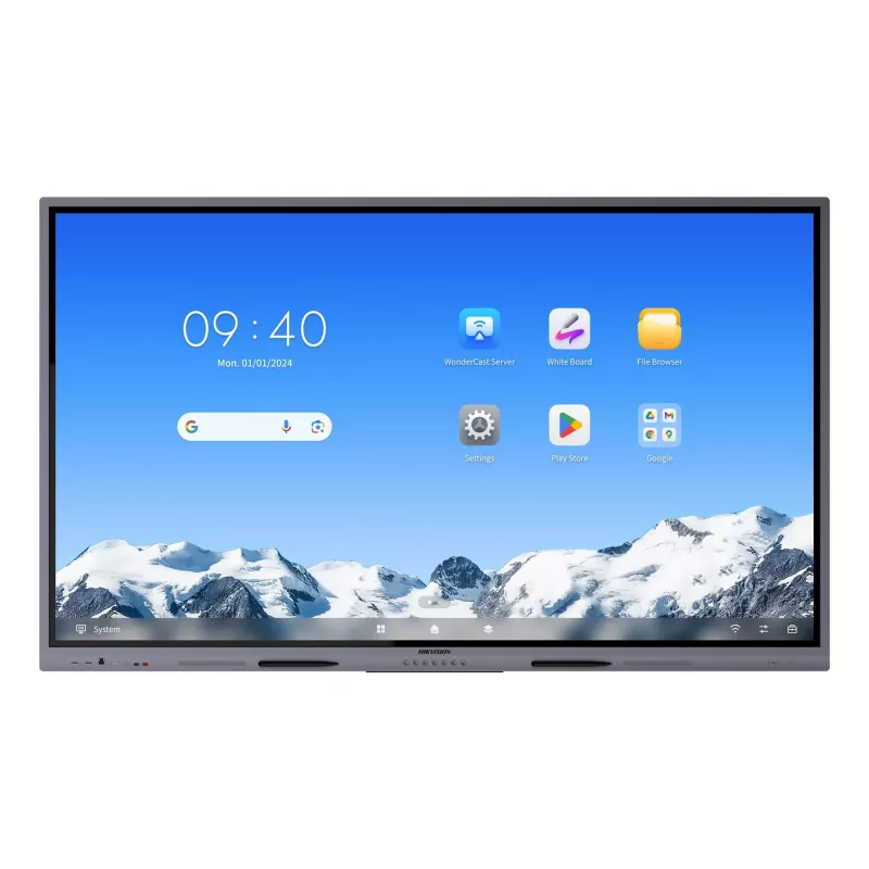 Hikvision DS-D5C75RB/A2L 75 colių 4K interaktyvus ekranas, Android 14 (atnaujinamas į 16 EDLA), 40 taškų IR jutiklinis, 8GB RAM, 128GB atmintis, Wi-Fi 6, Bluetooth 5.2, 3x HDMI, USB-C, 2x15W garsiakalbiai, 8 mikrofonų masyvas, VESA 800x400