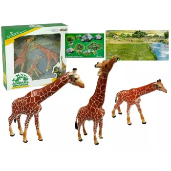 LEAN TOYS Žirafų figūrėlės edukacinės šeima 3 vnt. + Afrikos fonas