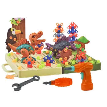 LEAN TOYS 3D konstrukcinės dėlionės blokeliai „Pasidaryk pats“ dinozaurai su atsukimo grąžtu