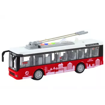 LEAN TOYS Trolleybus 1:16 su šviesomis, garsais ir važiavimu, baltos ir raudonos spalvos