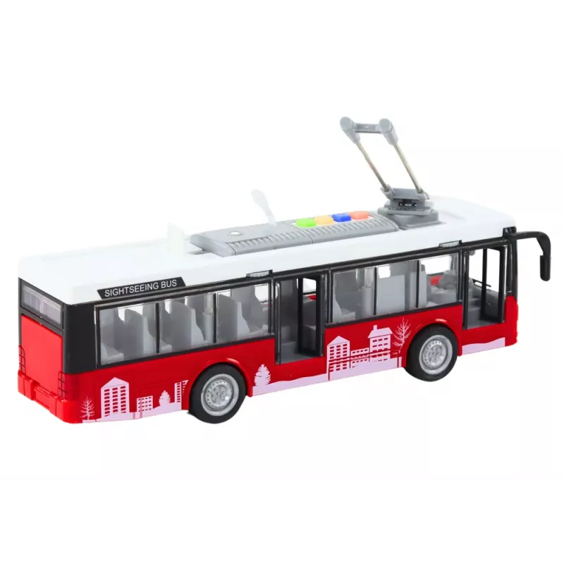 LEAN TOYS Trolleybus 1:16 su šviesomis, garsais ir važiavimu, baltos ir raudonos spalvos