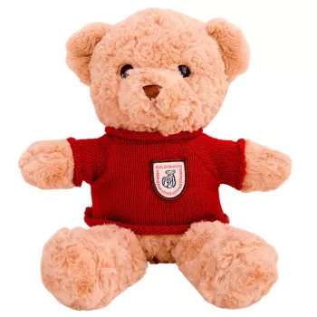LEAN TOYS pliušinis talismanas, minkštas žaislas, meškiukas, smėlio spalvos su raudonu megztiniu, 40 cm