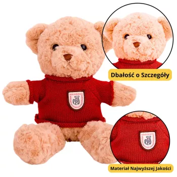 LEAN TOYS pliušinis talismanas, minkštas žaislas, meškiukas, smėlio spalvos su raudonu megztiniu, 40 cm
