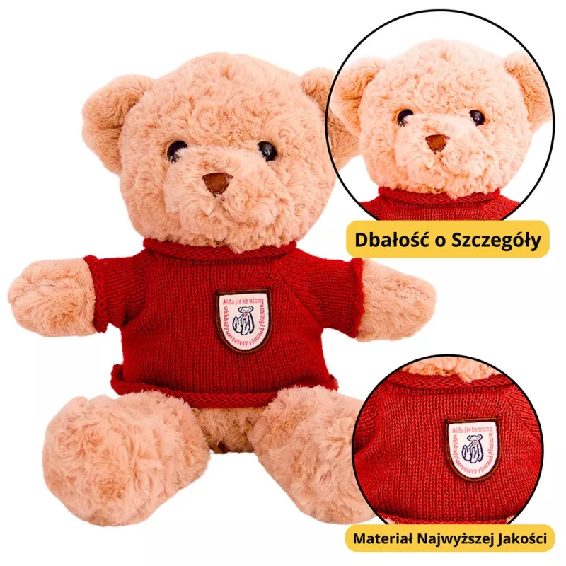 LEAN TOYS pliušinis talismanas, minkštas žaislas, meškiukas, smėlio spalvos su raudonu megztiniu, 40 cm