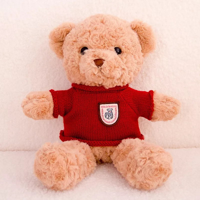 LEAN TOYS pliušinis talismanas, minkštas žaislas, meškiukas, smėlio spalvos su raudonu megztiniu, 40 cm
