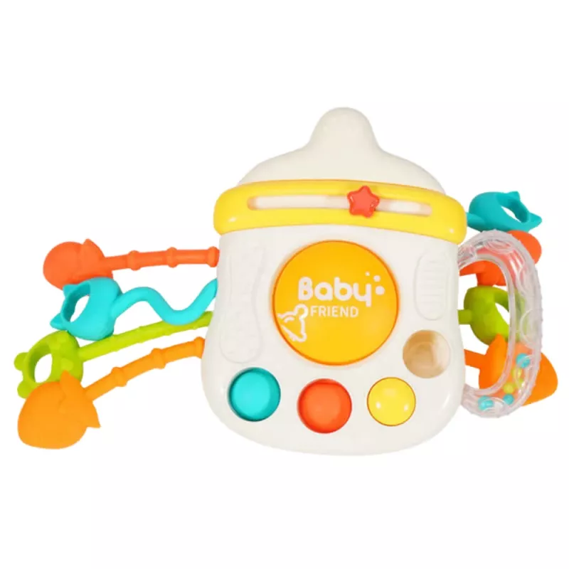 LEAN TOYS Sensorinis žaislas kramtukas barškutis kūdikiui buteliukas 3in1