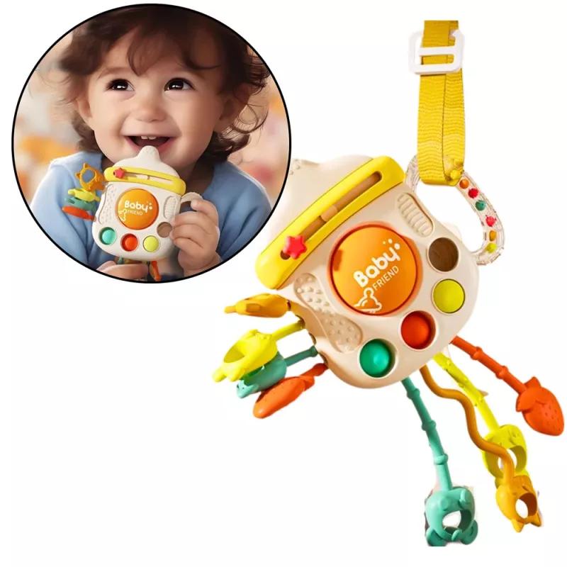 LEAN TOYS Sensorinis žaislas kramtukas barškutis kūdikiui buteliukas 3in1