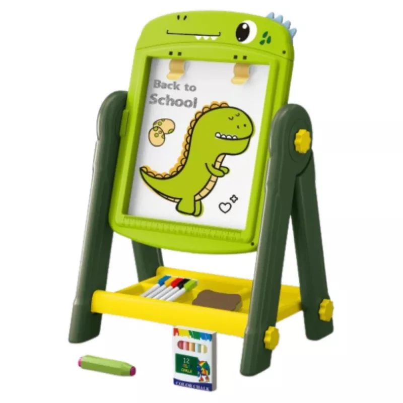 LEAN TOYS Dvipusis magnetinis sauso trynimo piešimo lentelė Dinozauras žalia su priedais