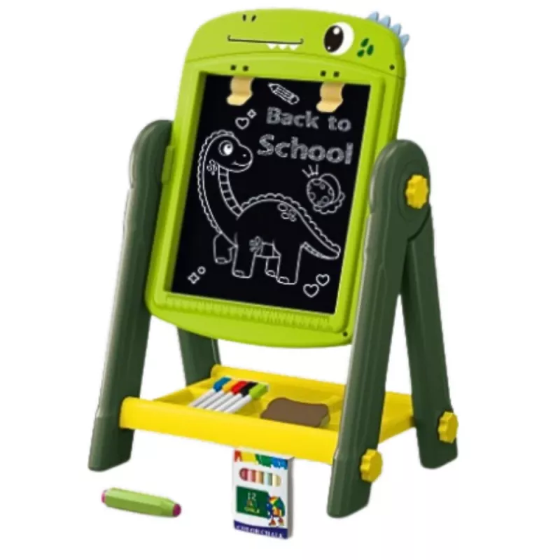 LEAN TOYS Dvipusis magnetinis sauso trynimo piešimo lentelė Dinozauras žalia su priedais