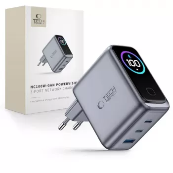 TECH-PROTECT PowerVision NC100W GaN 100W 3 prievadų USB-C PD & USB-A QC3.0 sieninis įkroviklis - tamsiai pilka