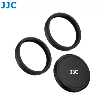 JJC LRR-OA6K2 Objektyvo dangtelio ir dekoratyvinių žiedų rinkinys, skirtas DJI Osmo Action 6 (juodas dangtelis, raudoni ir mėlyni žiedai)