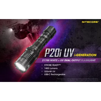 Nitecore NT-P20I-UV taktinis žibintuvėlis su UV šviesa, 1800 liumenų, USB-C įkraunamas, IP68, juodas