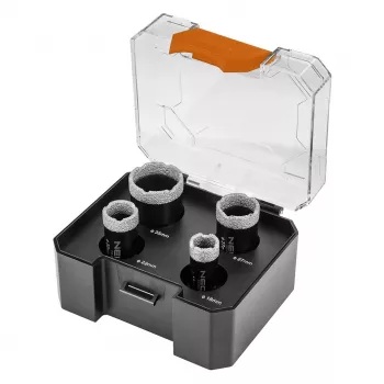 NEO TOOLS deimantinių kiaurymių pjūklų rinkinys 18/22/27/35 mm, 4 vnt., M14 sriegis, sausas gręžimas keramikai, porcelianui, akmens masėms, stiklui, marmurui, granitui, terakotai
