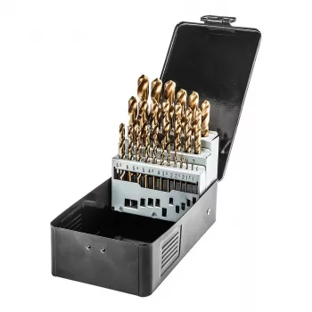 NEO TOOLS 25 dalių HSS-TiN spiralinių grąžtų rinkinys metalui, 1,0–13,0 mm, DIN 338, 135° skeltu galu, metaliniame dėkle