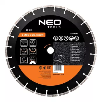 NEO TOOLS 350 mm lazeriu suvirintas segmentinis deimantinis diskas, 25,4 mm anga, betonui, asfaltui, akmeniui