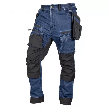 NEO TOOLS džinsinės darbo kelnės su Cordura sutvirtinimais ir nuimamomis holster kišenėmis, tamsiai mėlynos, S dydžio