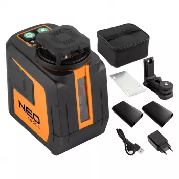 NEO TOOLS 75-144 Green Beam 5-Line Laser Level 20 m su magnetiniu laikikliu ir dėklu