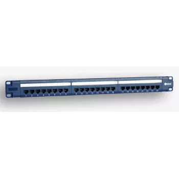 EmiterNet 19 colių 1U 24 prievadų RJ45 UTP Cat.5e skydinė jungtis su kabelių tvarkymo lentyna, mėlyna (PoE suderinama)