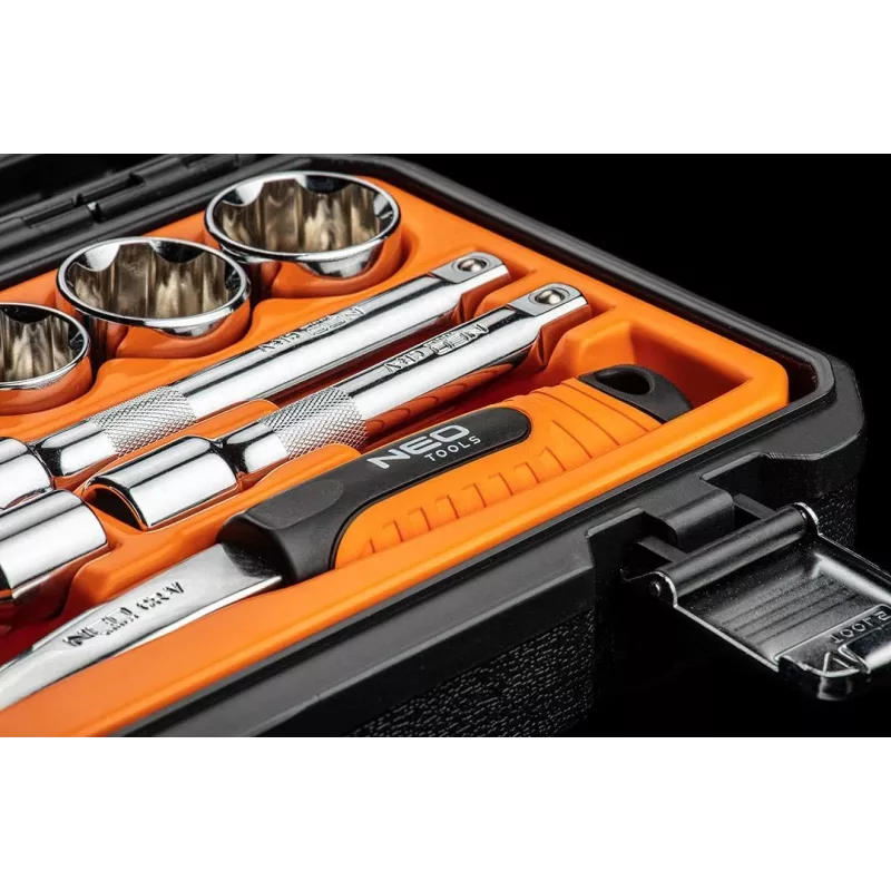 NEO TOOLS 1/2 inch pavaros lizdinių raktų rinkinys, 23 vnt., chromo vanadžio plienas, DIN 3124
