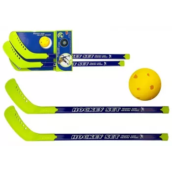 LEAN TOYS Floorball rinkinys su 2 ledo ritulio lazdomis ir kamuoliu, 82 cm, raudonas/mėlynas, vaikams nuo 6 metų