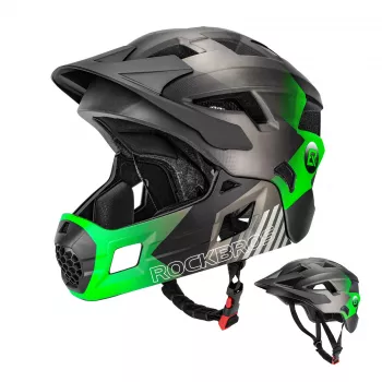 Rockbros TS-61 Vaikiškas transformuojamas dviračio šalmas su nuimamu smakro apsaugu, žalias, dydis M (54-57 cm)