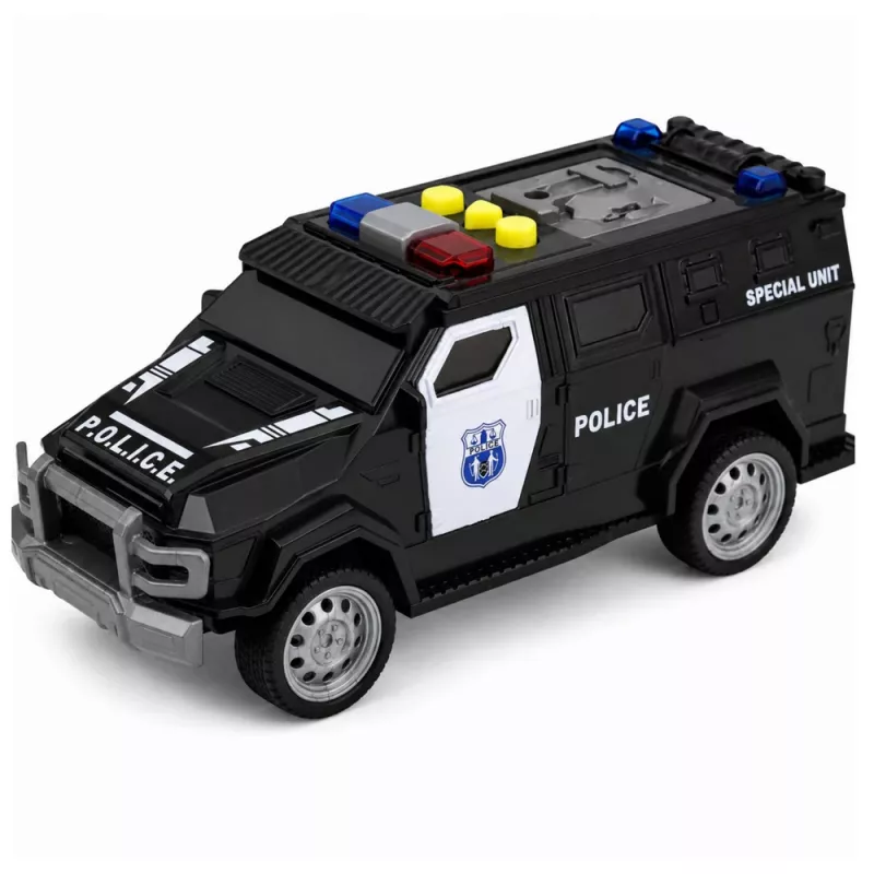 LEAN TOYS policijos automobilis Speciali transporto priemonė 1:32 mastelis juodas su šviesomis ir garsais