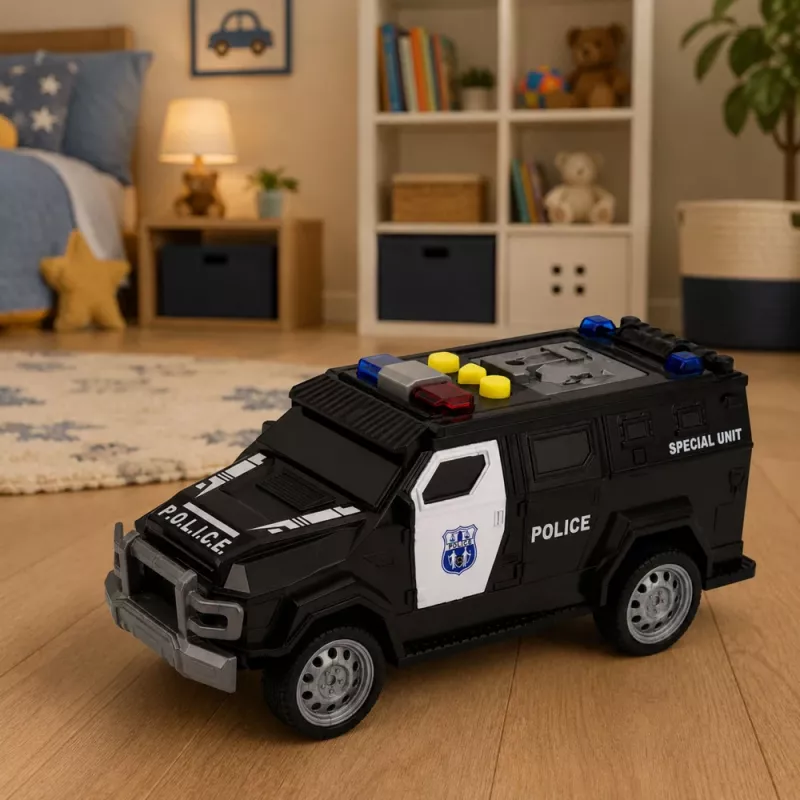 LEAN TOYS policijos automobilis Speciali transporto priemonė 1:32 mastelis juodas su šviesomis ir garsais
