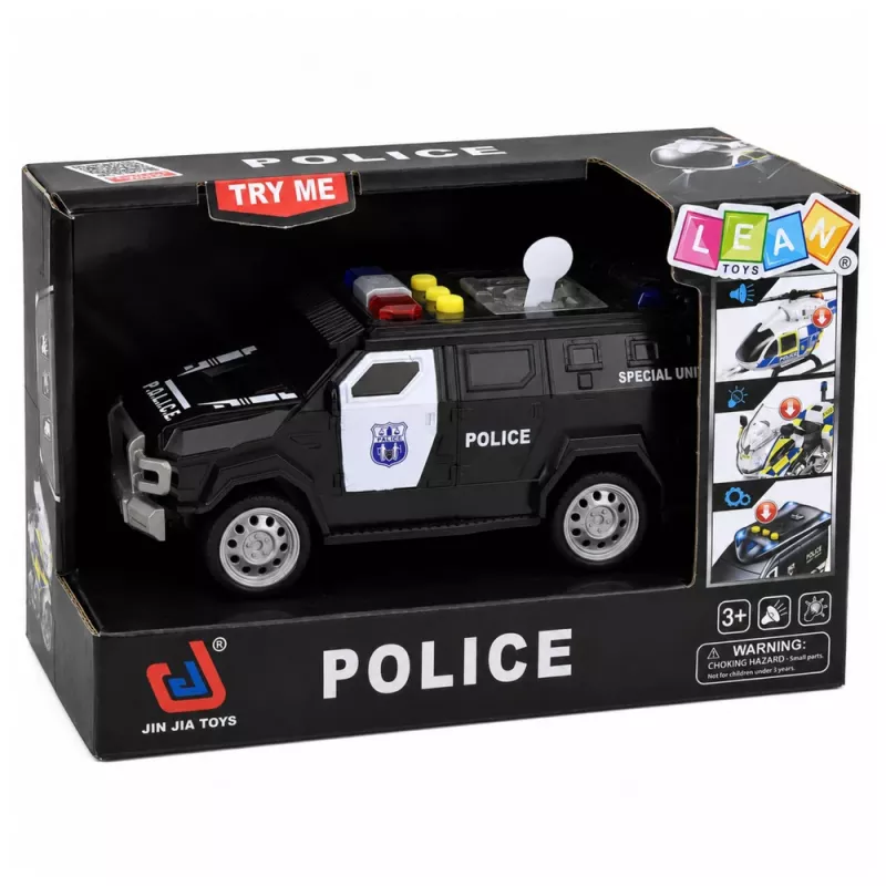LEAN TOYS policijos automobilis Speciali transporto priemonė 1:32 mastelis juodas su šviesomis ir garsais