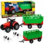LEAN TOYS Traktorius su priekaba gyvūnų pervežimui, karvės figūrėlės, šviesos ir garsai, 4 vnt.