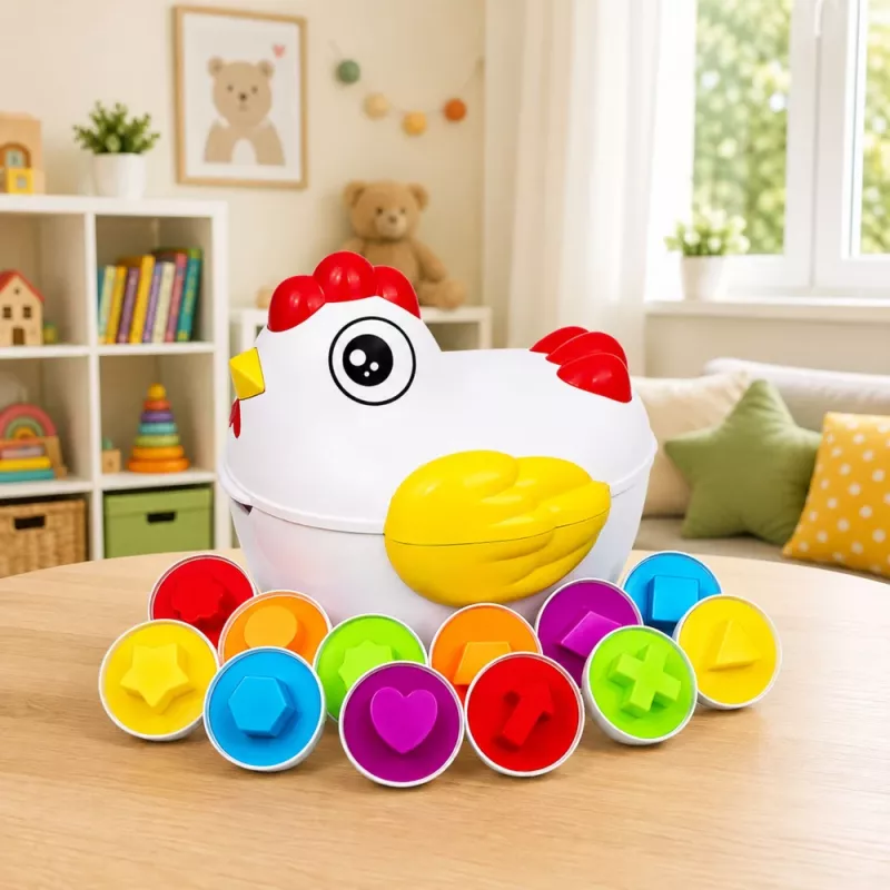 LEAN TOYS edukacinė višta 12 kiaušinių rūšiuoklis, mokymosi formos ir spalvos