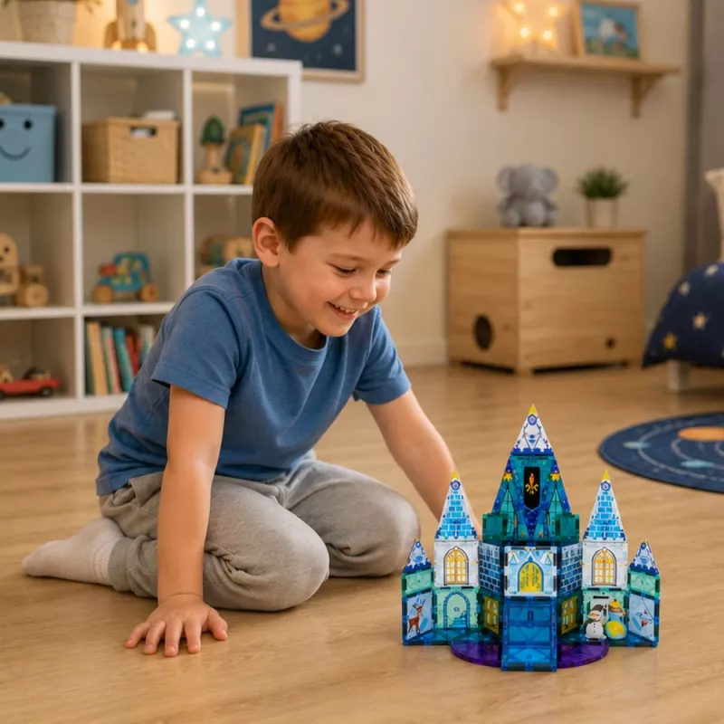 LEAN TOYS Magnetiniai konstrukciniai blokeliai Ledinės princesės pilis mėlyna 47 vnt.