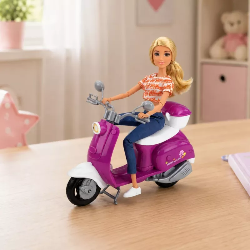 LEAN TOYS Anlily Traveler lėlė su paspirtuku, akiniais, telefono laikikliu ir aksesuarais