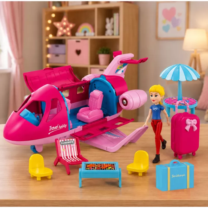 LEAN TOYS Sulankstomas lėktuvas lėlėms kelionių rinkinys su aksesuarais, rožinis, 9 vnt.